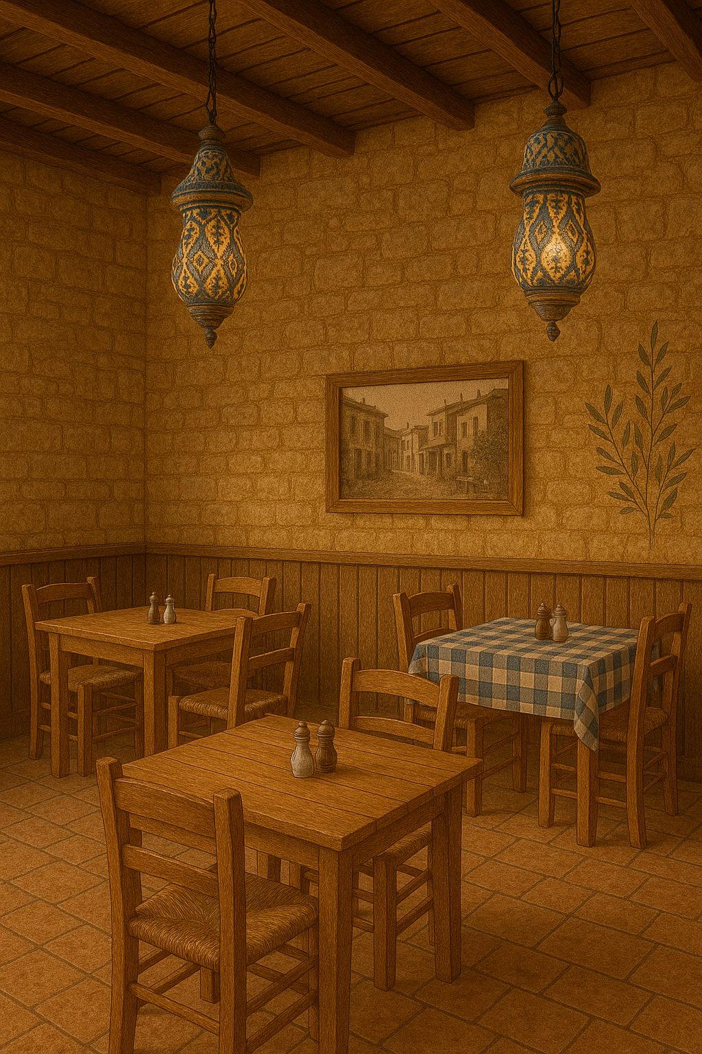 Ξύλινα τραπέζια και καρέκλες καφενείου και φωτογραφία γειτονιάς στον τοίχο